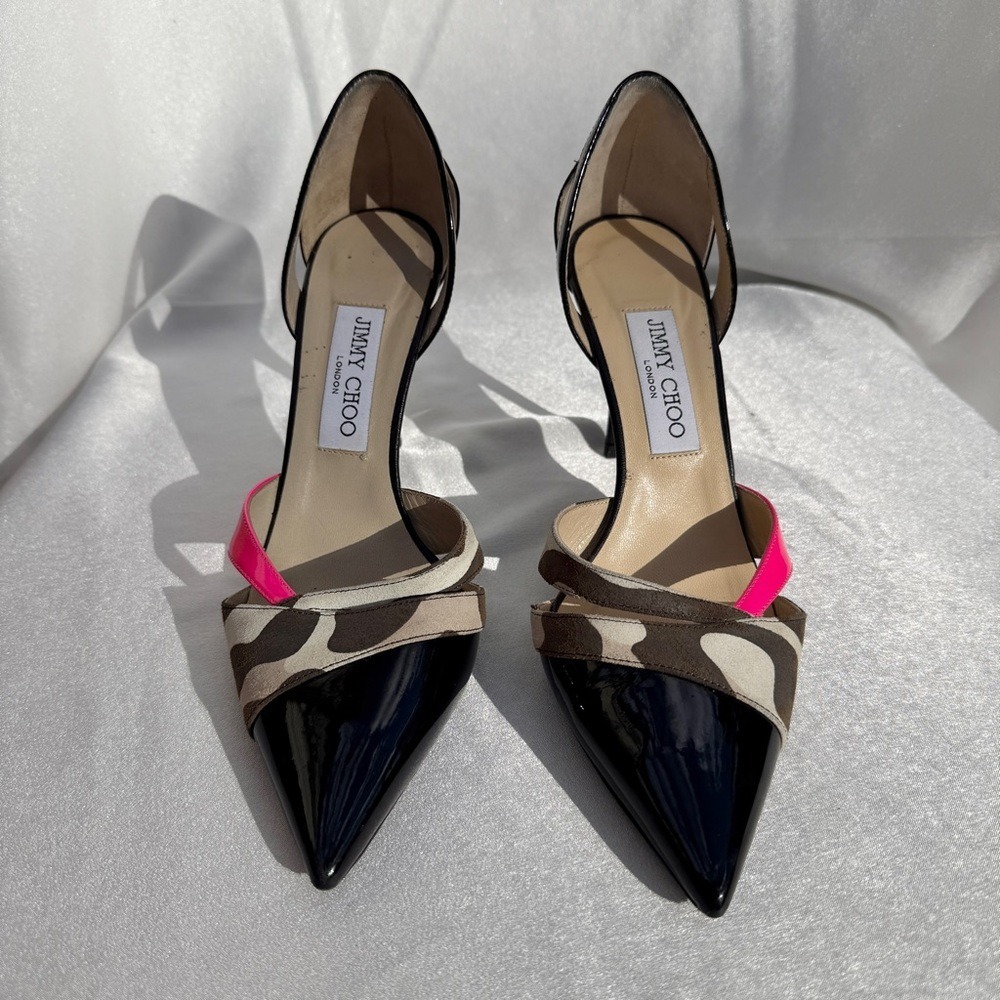Jimmy Choo Patent Leather Printed D'Orsay Pumps Suede Camo Print Band Size 38 - Picture 2 of 13